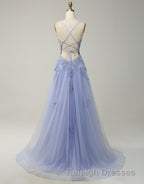 A-Line Tulle Spaghetti Straps Appliques Long Prom Dress with Alit