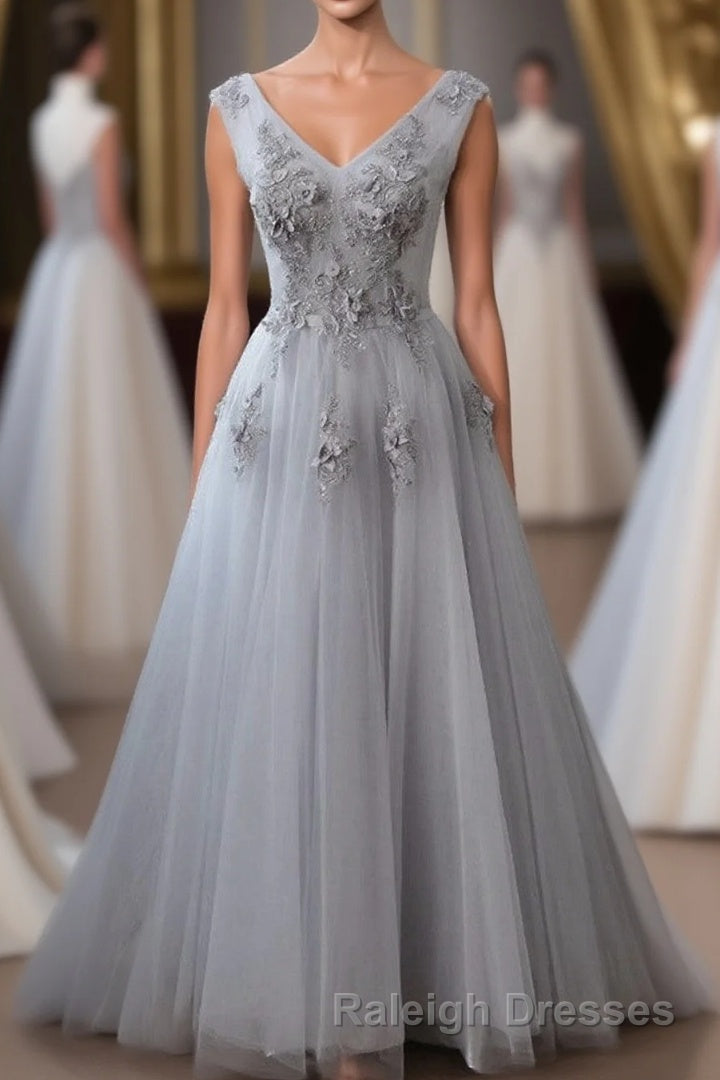 Grey V-Neckline Tulle With Lace Long Formal Dress, Grey A-Line Prom Dress Main image
