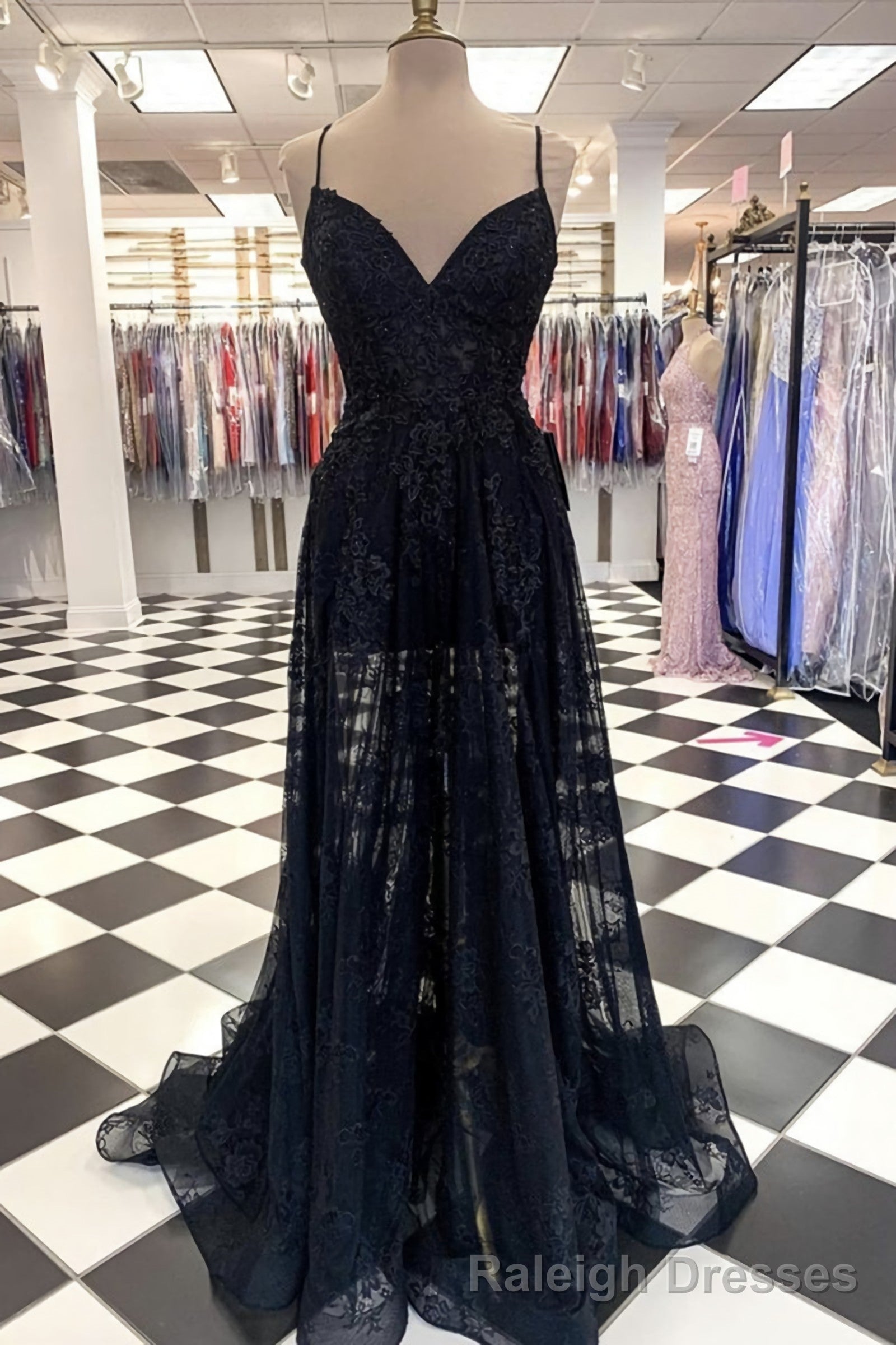 A Line V Neck Long Black Lace Evening Dress, Black Lace Formal Prom Dresses