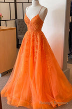 A Line V Neck Orange Lace Long Prom Dress, Orange Lace Formal Dress, Orange Evening Dress