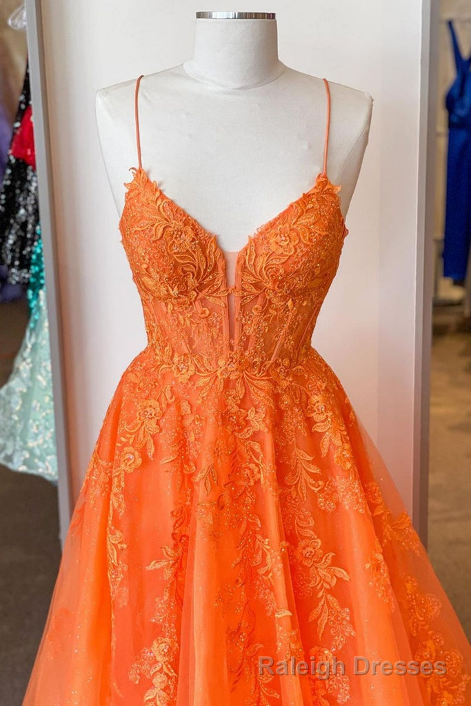 A Line V Neck Orange Lace Long Prom Dress, Orange Lace Formal Dress, Orange Prom Dress