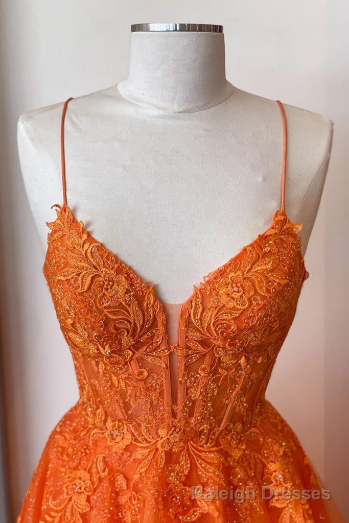 A Line V Neck Orange Lace Long Prom Dress, Orange Lace Formal Dress, Orange Evening Dress
