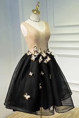 A Line Black V Neck Lace Up Homecoming Dresses, Sleeveless Prom Dress With Butterfly