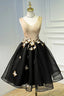 A Line Black V Neck Lace Up Homecoming Dresses, Sleeveless Prom Dress With Butterfly