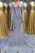 Hot Sparkle Sequin V neck Long sleeves Mermaid Prom Dress