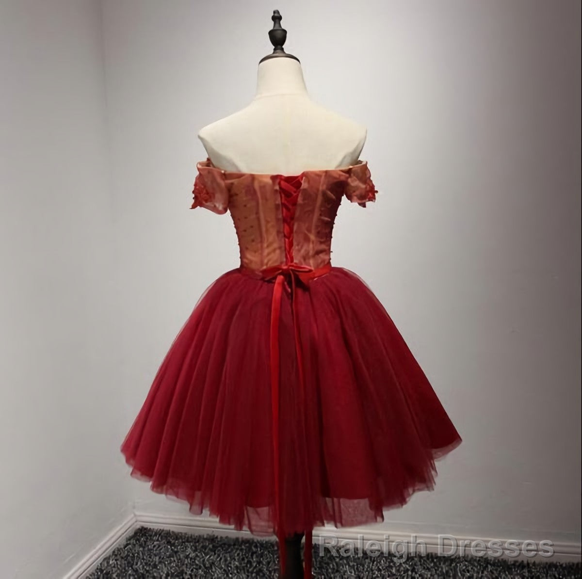 Off Shoulder Short Sleeve Red Lace Homecoming Prom Dresses, Affordable Short Party Corset Back Prom Dresses, Perfect Homecoming Dresses, B0525 Secondary image