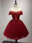 Off Shoulder Short Sleeve Red Lace Homecoming Prom Dresses, Affordable Short Prom Corset Back Prom Dresses, Perfect Homecoming Dresses, B0525