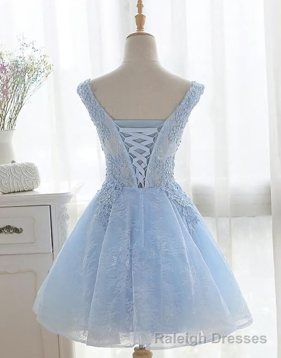 Light Blue Cute V Neckline Lace Short Prom Dress, Lace Formal Dress, Lace Prom Dresses, B0622