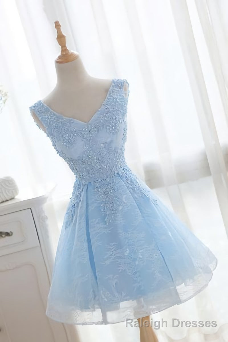 Light Blue Cute V Neckline Lace Short Party Dress, Lace Formal Dress, Lace Party Dresses, B0622 Secondary image