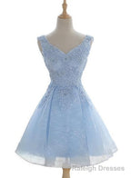 Light Blue Cute V Neckline Lace Short Prom Dress, Lace Formal Dress, Lace Prom Dresses, B0622