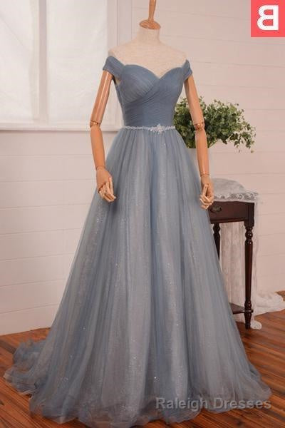 2025 Blue Floor-Length/Long A-Line/Princess Off-the-Shoulder Beading Tulle Prom Dresses
