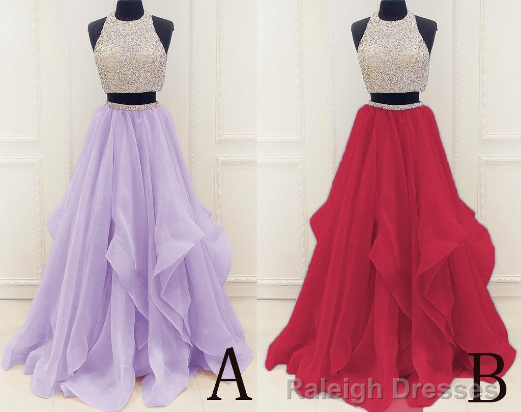 Two Piece High Neck Burgundy Prom Dress, Beaded Open Back Evening Gowns
