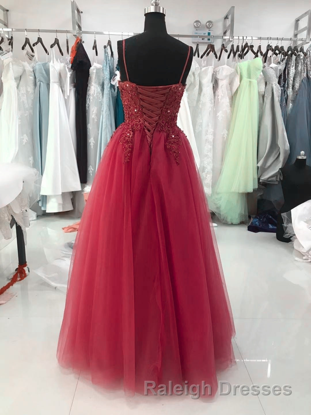Wine Red Tulle Straps Lace Applique Long Prom Dresses Wine Red Prom Dresses Secondary image