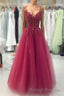 Wine Red Tulle Straps Lace Applique Long Formal Dress, Wine Red Prom Dress