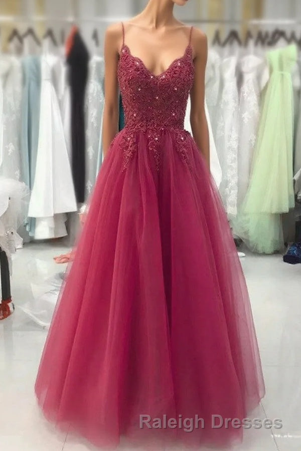 Wine Red Tulle Straps Lace Applique Long Prom Dresses Wine Red Prom Dresses Main image