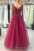 Wine Red Tulle Straps Lace Applique Long Prom Dresses Wine Red Prom Dresses