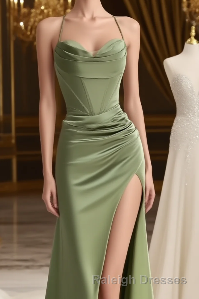 straps mermaid long formal dress prom dress with side slit and cowl neck Main image