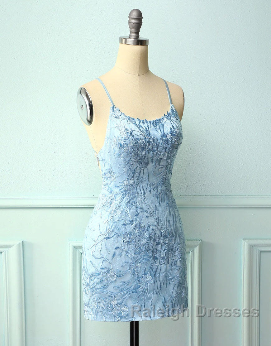 Baby Blue Spaghetti Straps Tight Homecoming Dress With Appliques
