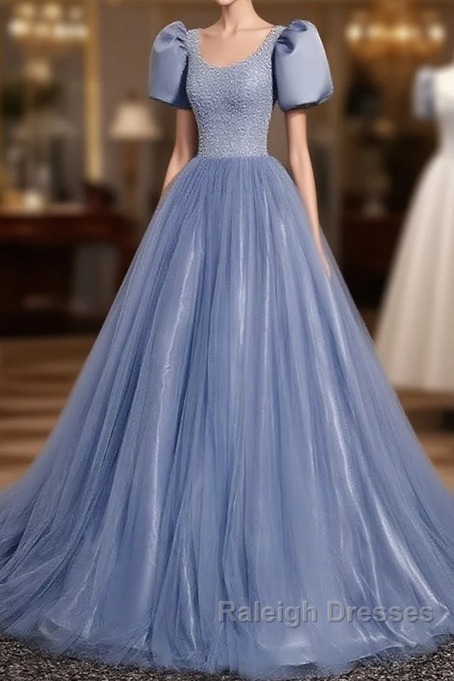 Ball Gown Dusty Blue Prom Dress with Bubble Sleeves