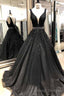Ball Gowns Straps Black V Neck Lace Appliques Prom Dresses, Beads V Back Dance Dress