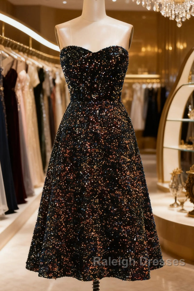 Black A Line Tea Length Strapless Glitter Sequin Prom Dresses