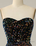 Black A Line Tea Length Strapless Glitter Sequin Prom Dresses
