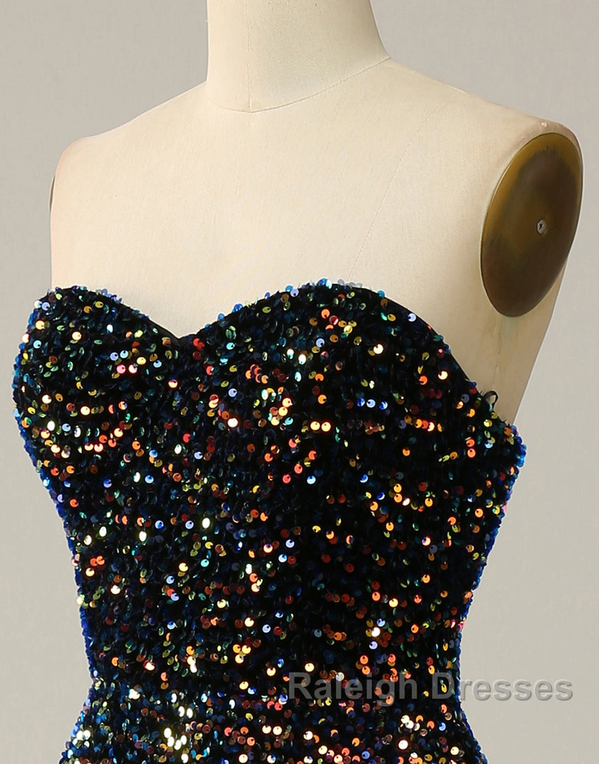Black A-Line Tea Length Strapless Glitter Sequin Party Dress