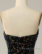 Black A Line Tea Length Strapless Glitter Sequin Prom Dresses