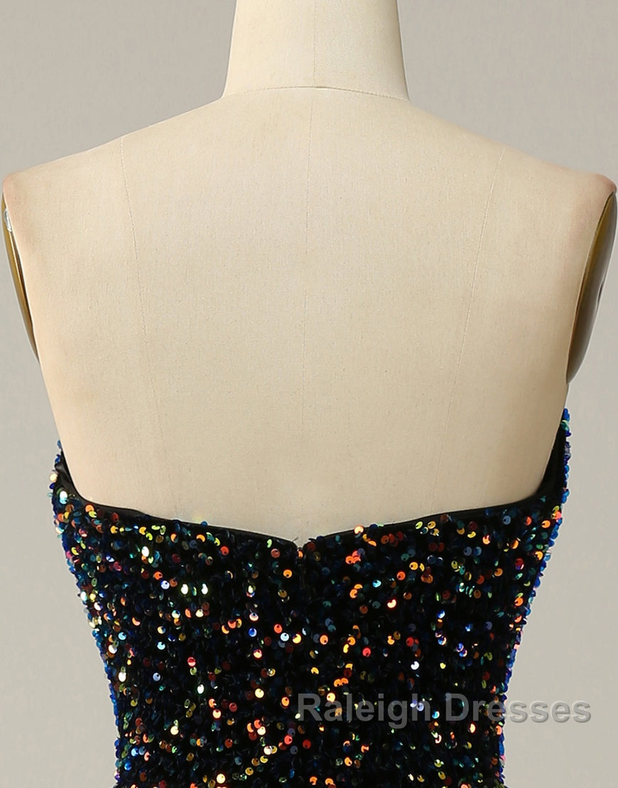 Black A Line Tea Length Strapless Glitter Sequin Prom Dresses