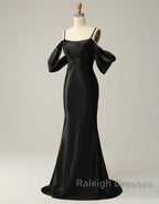 Black Off The Shoulder Criss-Cross Back Long Satin Prom Dress