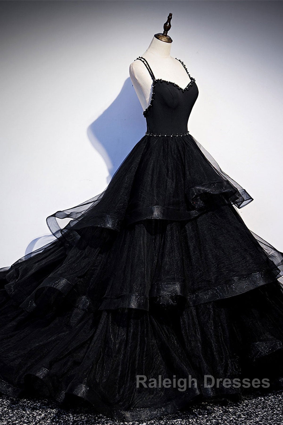 Black Tulle Open Back V Neck Beaded Layered Long Prom Dresses Secondary image