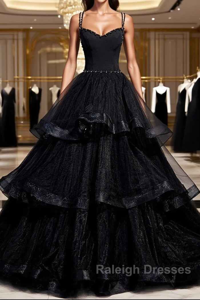 Black Tulle Open Back V Neck Beaded Layered Long Prom Dresses Main image