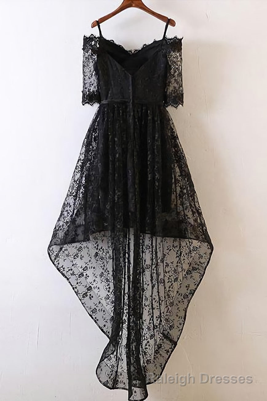 Black Short Sleeve High Low Homecoming Dresses, Lace Appliques Sweetheart Prom Dress Main image