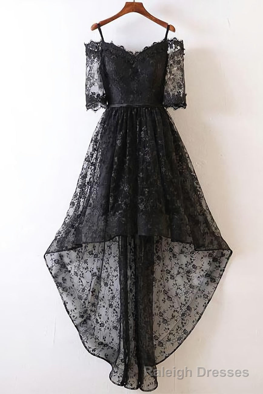 Black Short Sleeve High Low Homecoming Dresses, Lace Appliques Sweetheart Prom Dress Secondary image