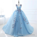 Blue Butterfly Flowers Lace Up Ball Gowns Long Prom Dresses