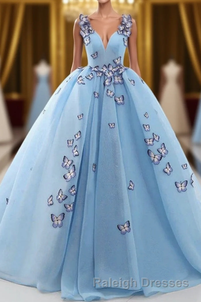 Blue Butterfly Flowers Lace Up Ball Gowns Long Prom Dresses Main image