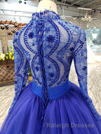 Blue Long Sleeves V Neck Tulle Prom Dresses with Beading