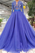 Blue Long Sleeves V Neck Tulle Prom Dresses with Beading