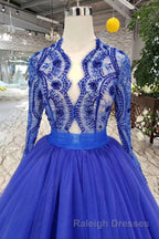 Blue Long Sleeves V Neck Tulle Prom Dresses with Beading