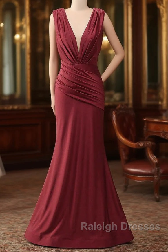 Burgundy Mermaid V-Neck Long Glitter Prom Dress With Pleating