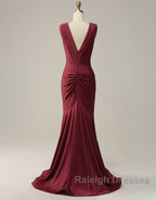 Burgundy Mermaid V Neck Long Glitter Prom Dresses With Pleating