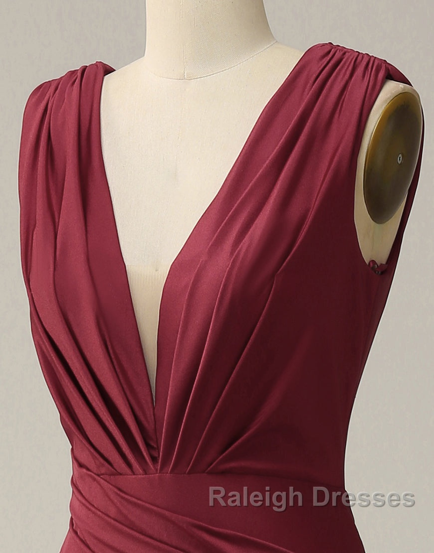 Burgundy Mermaid V-Neck Long Glitter Prom Dress With Pleating