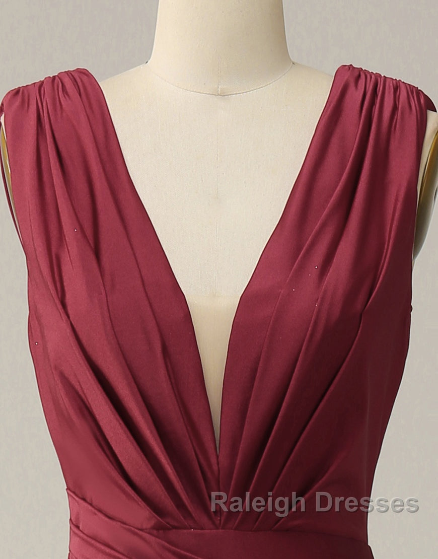 Burgundy Mermaid V Neck Long Glitter Prom Dresses With Pleating