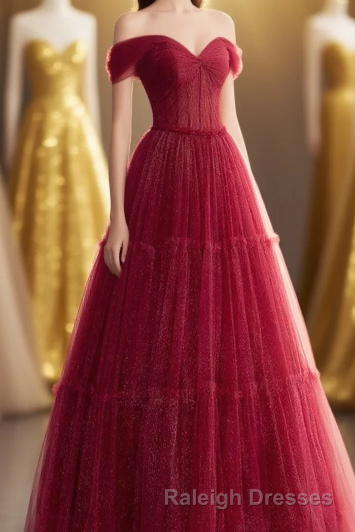 A-line Sweetheart Neck Tulle Burgundy Long Prom Dress, Off Shoulder Burgundy Formal Dress Main image