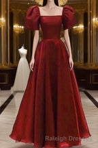 Burgundy A Line Long Prom Dress with Short Sleeves, New Party Gown