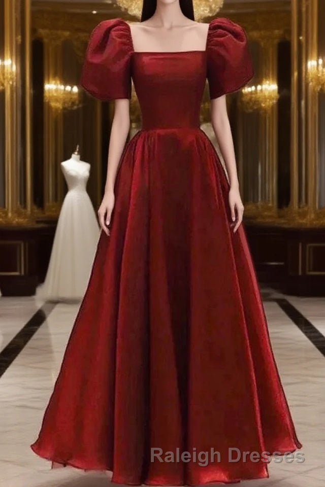 Burgundy A Line Long Prom Dress with Short Sleeves, New Party Gown