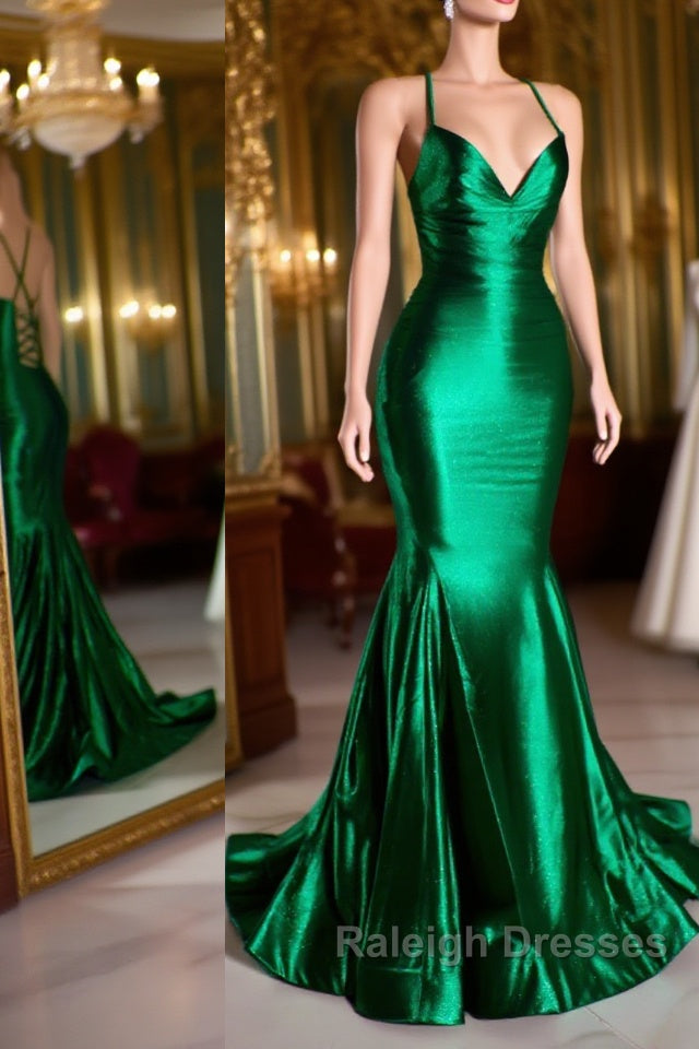 Satin Trumpet V-Neck Spaghetti Straps Prom Evening Dress For Black Girls Main image