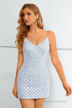 Light Blue SPaghetti Straps Bodycon Homecoming Dress