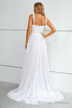 Khaki Spaghetti Straps Bowknot Prom Dress With Slit