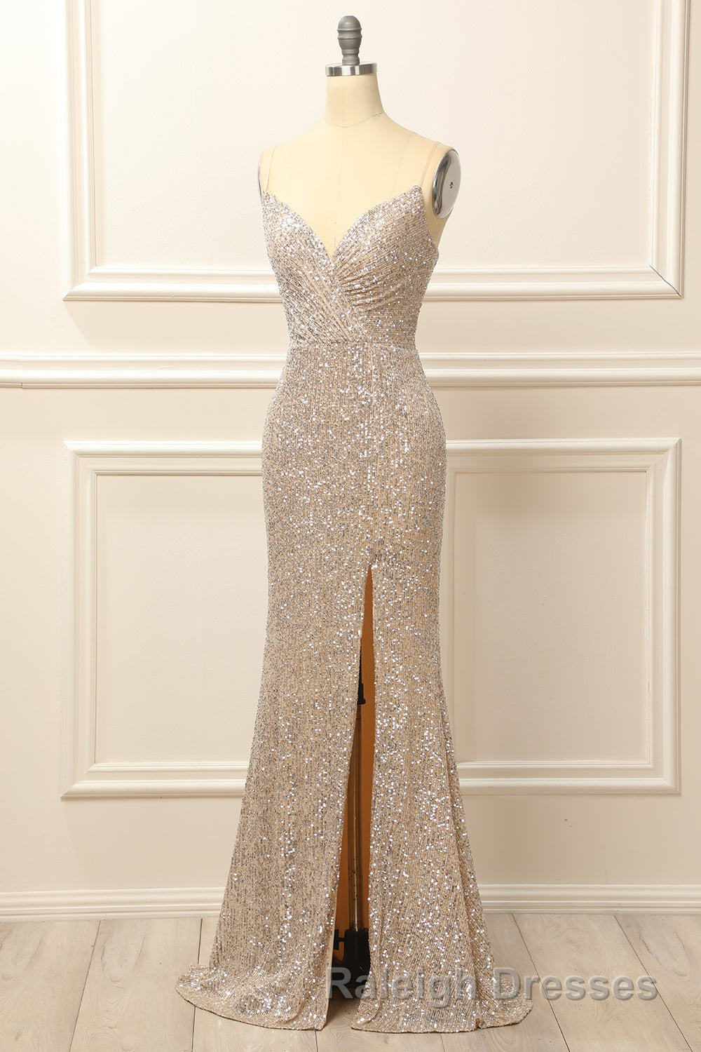 Silver Sequins Long Prom Dress with Slit